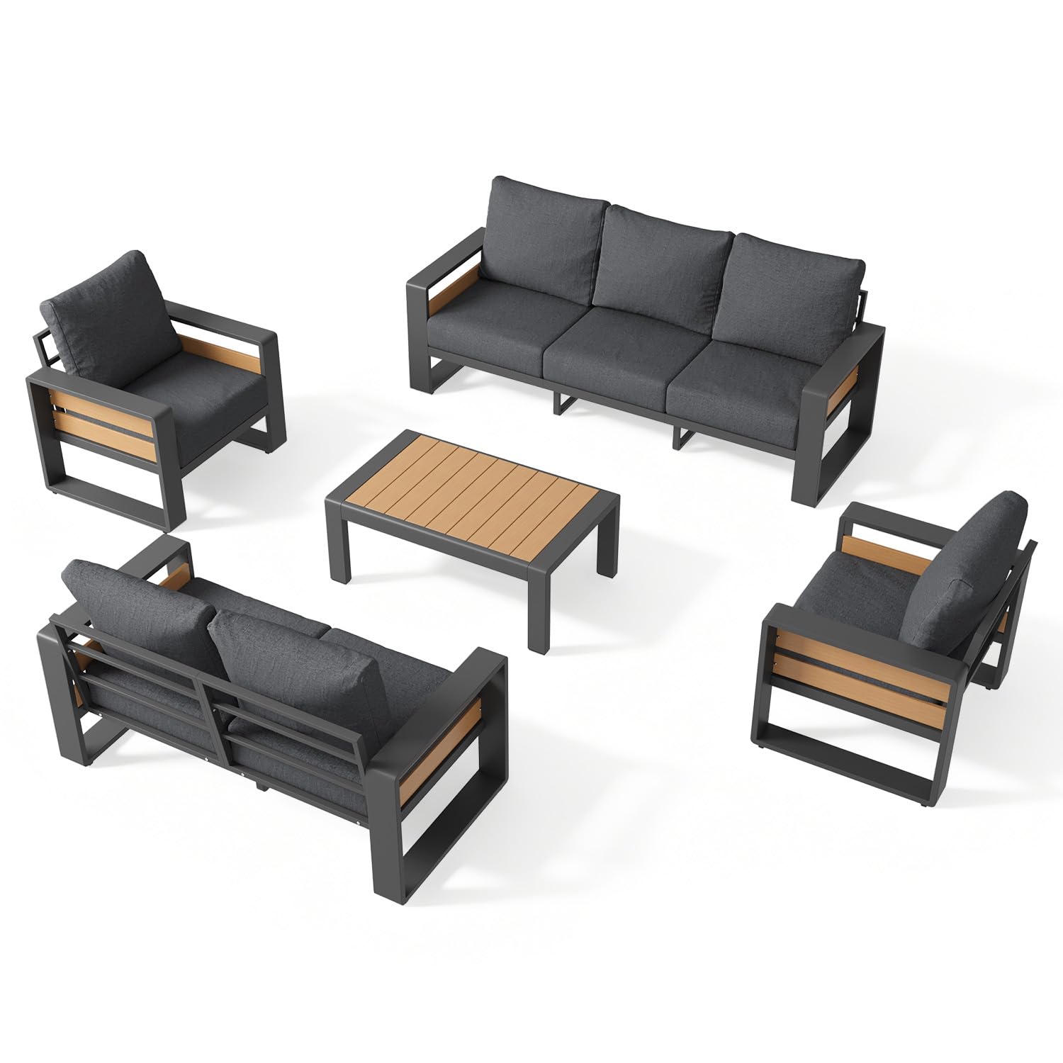 Aoxun Aluminum Patio Furniture Set, 5 Piece Luxury Outdoor Sectional with 6" Olefin Fabric Cushions, Patio Conversation Sets with Coffee Table and Waterproof Cover for Backyard, Porch Dark Grey