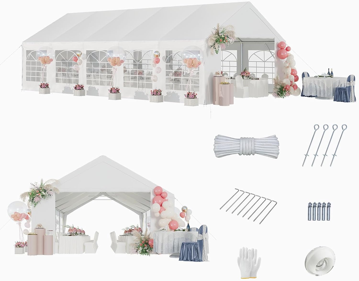 Aoxun 33x17 Heavy-Duty Party Tent, Waterproof Canopy with Removable Walls & Roll-Up Door,for Weddings, BBQ, Camping Party Tent,White