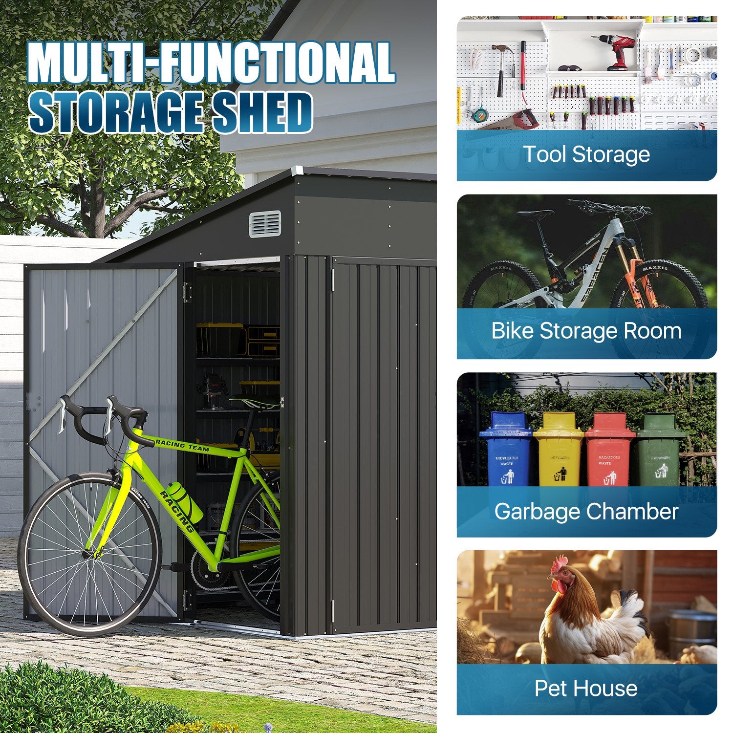 Sunmthink 8' x 4' Metal Storage Shed with Triple Doors, Lockable Lean-to Design & Vents, Black