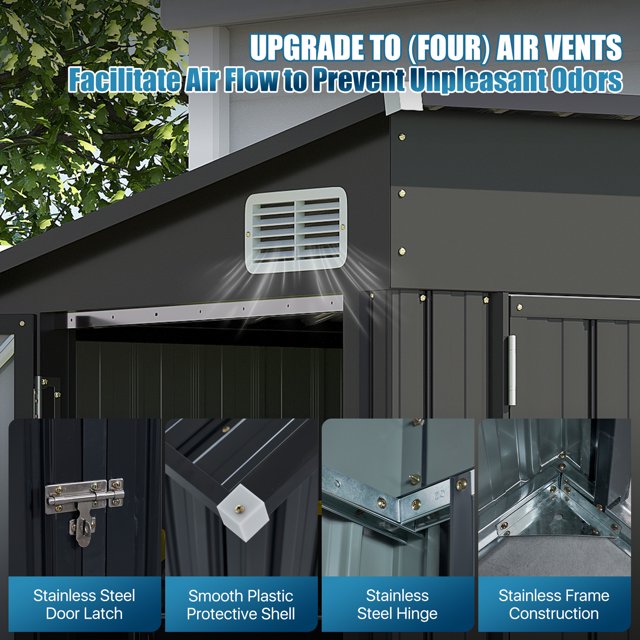 8' x 6' Metal Storage Shed with Triple Doors, Lockable Lean-to Design & Vents, Black