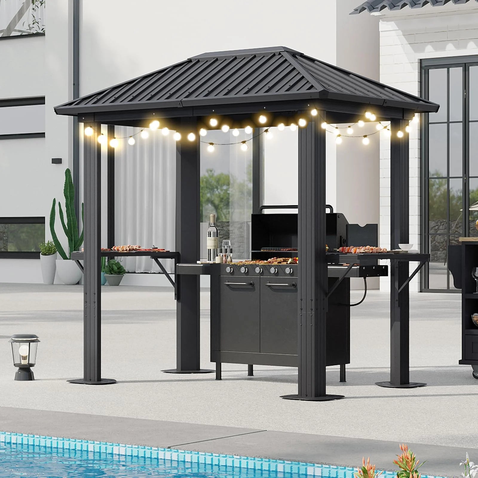 Grill Hardtop Gazebo 5 x 8 FT, Outdoor Metal Hard Top Gazebo, Permanent BBQ Gazebo with Aluminum Pavilion with Shelves, and LED Outdoor Waterproof Hanging Lights for Lawn, Garden, Patio