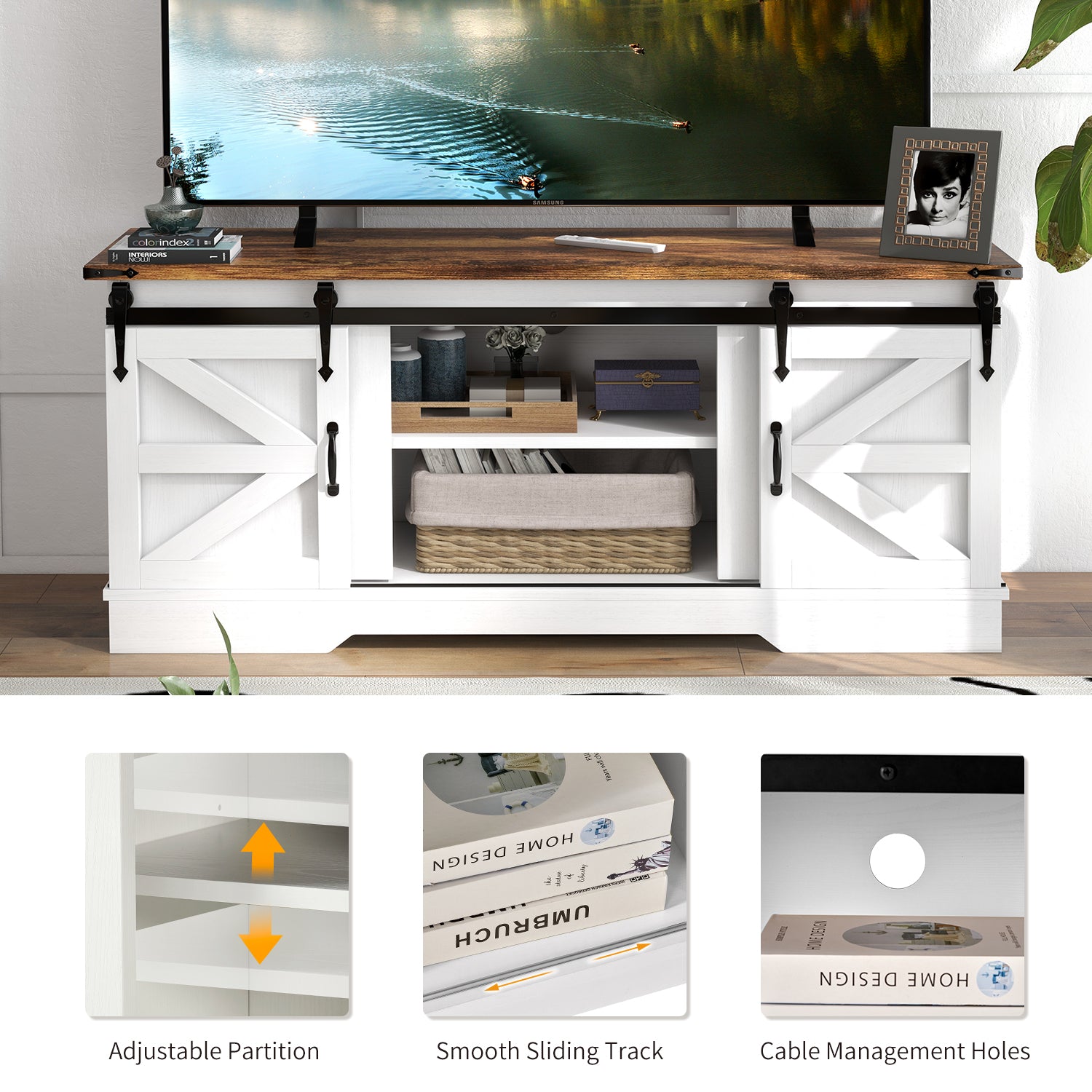 4-Piece Modern Farmhouse Furniture Set, Rustic Brown TV Stand for TVs up to 65-Inch, Two End Table with Charging Stake and USB Port, Farmhouse Coffee Table for Living Room, Family Room