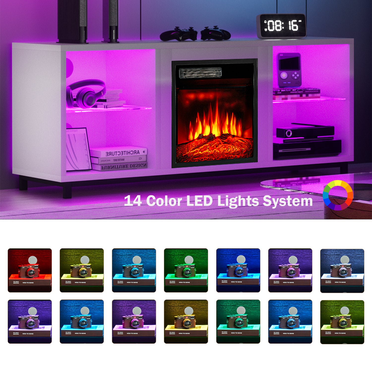 58" TV Stand with Fireplace, Grass Shelves, up to 65" TVs, White