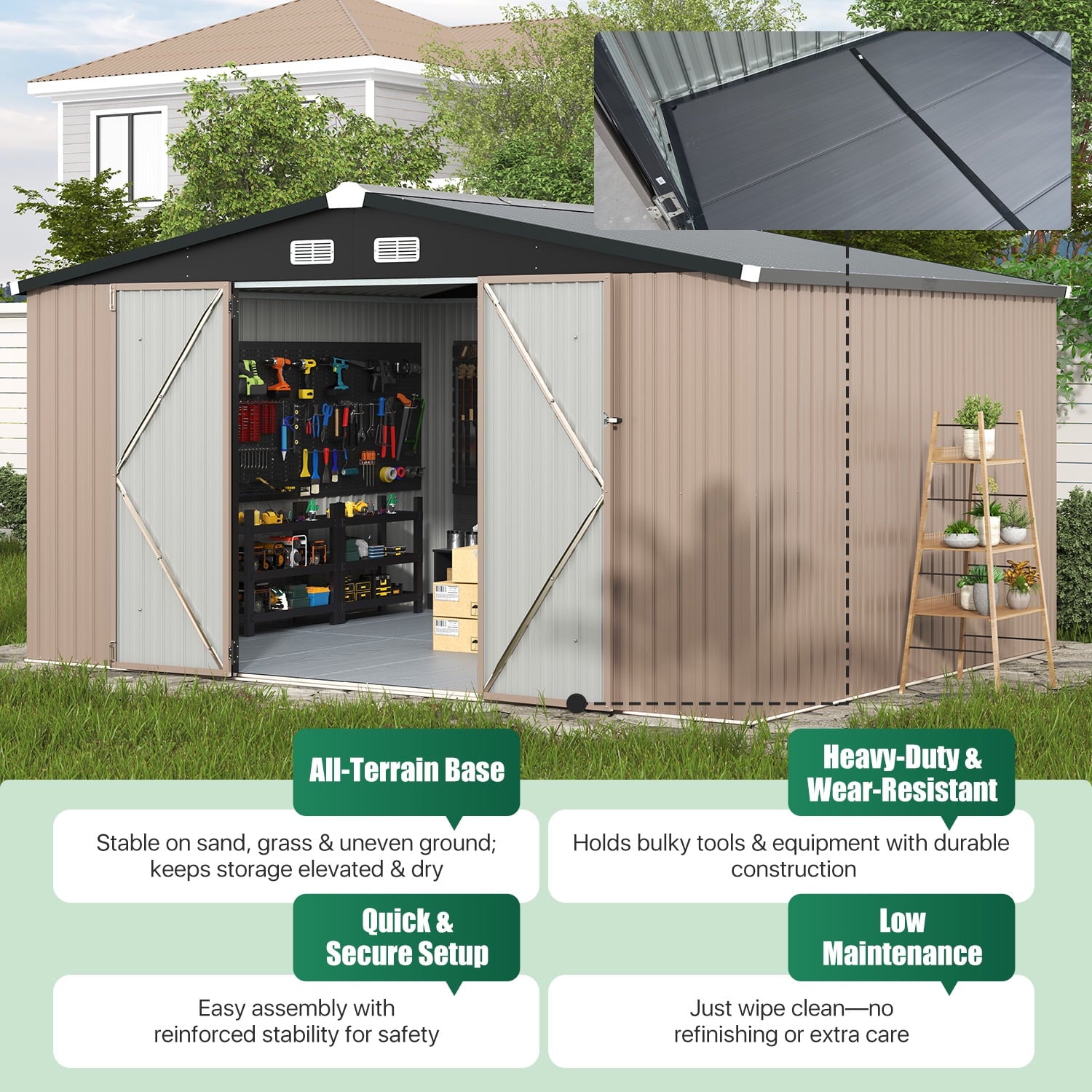 Clouddwell 11.5x9.4ft Galvanized Steel Storage Shed with Floor & Double Doors - Brown