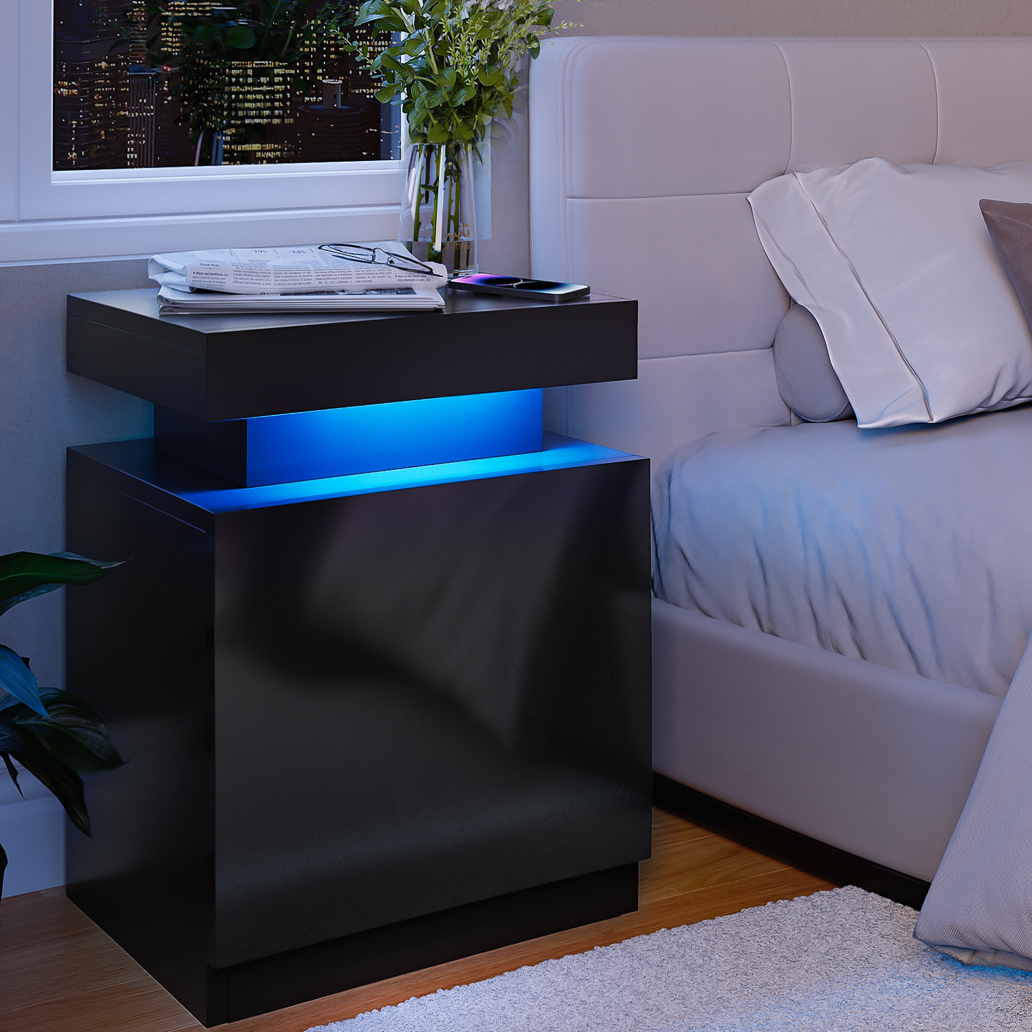 Nightstand Set of 2, LED Nightstand with Cabinet, Bedside Table with LED Lights, Modern End Side Table for Bedroom, Black