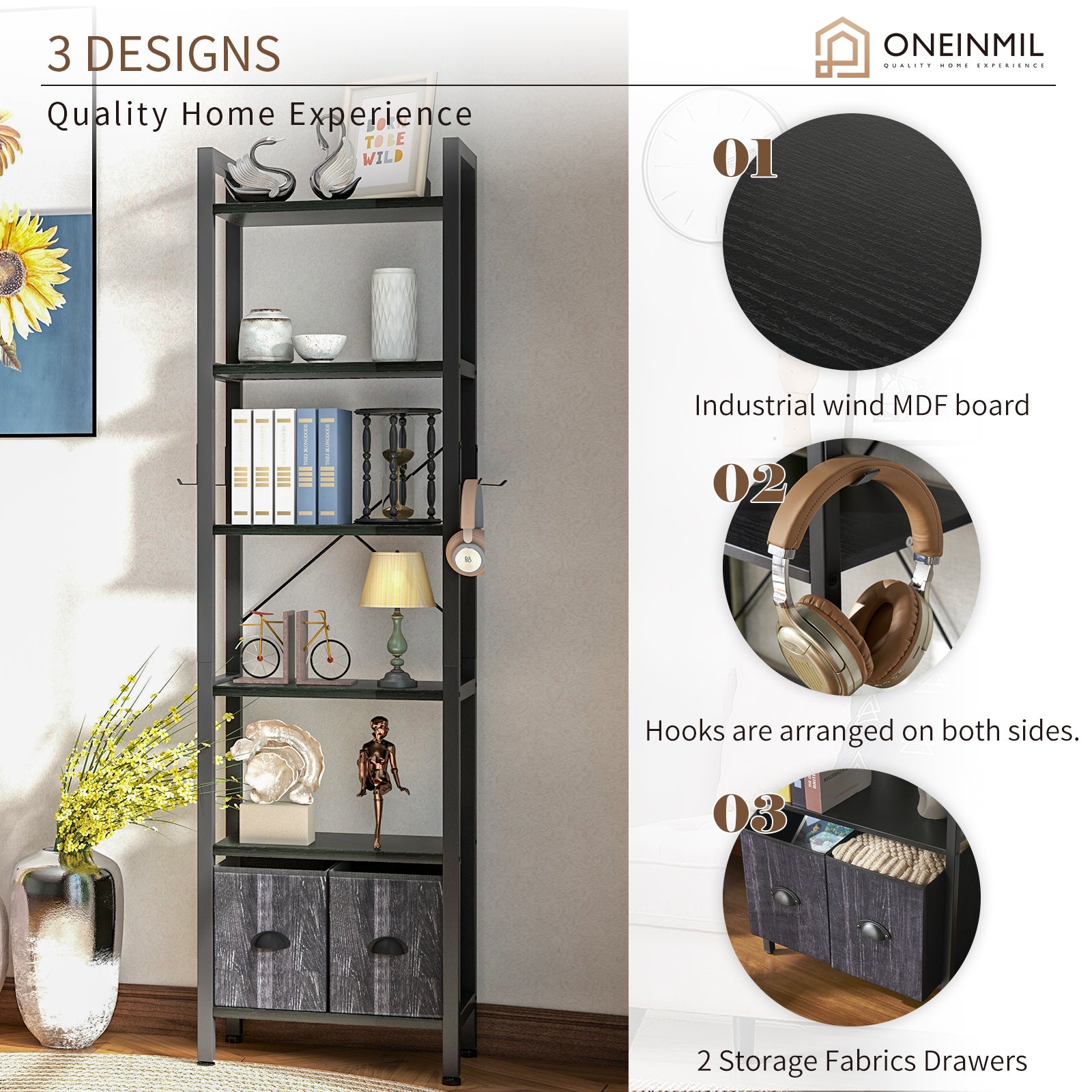 6 Shelf Bookcase with 2 Drawers, 71" Rustic Black Bookshef for Living Room and Home Office