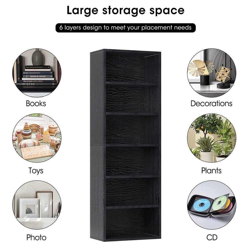 6 Tier Freestanding Bookcase, Modern Wooden Storage Book Shelf for Home Office and Bedroom, Black