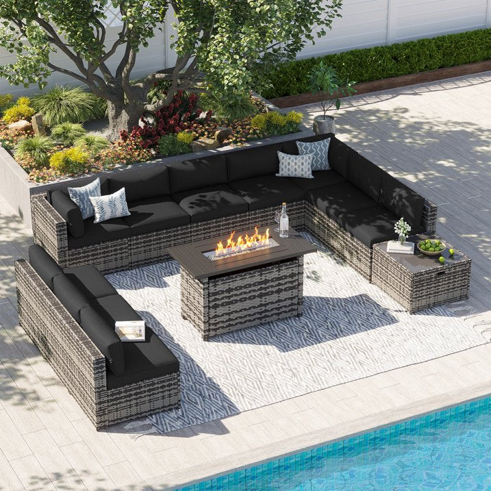 Clouddwell 12 Piece Patio Furniture Set with 44” Fire Pit Table Wicker Rattan Patio Conversation Set Outdoor Sectional Sofa Set with Coffee Table and Black Cushions(Waterproof Cover Included)