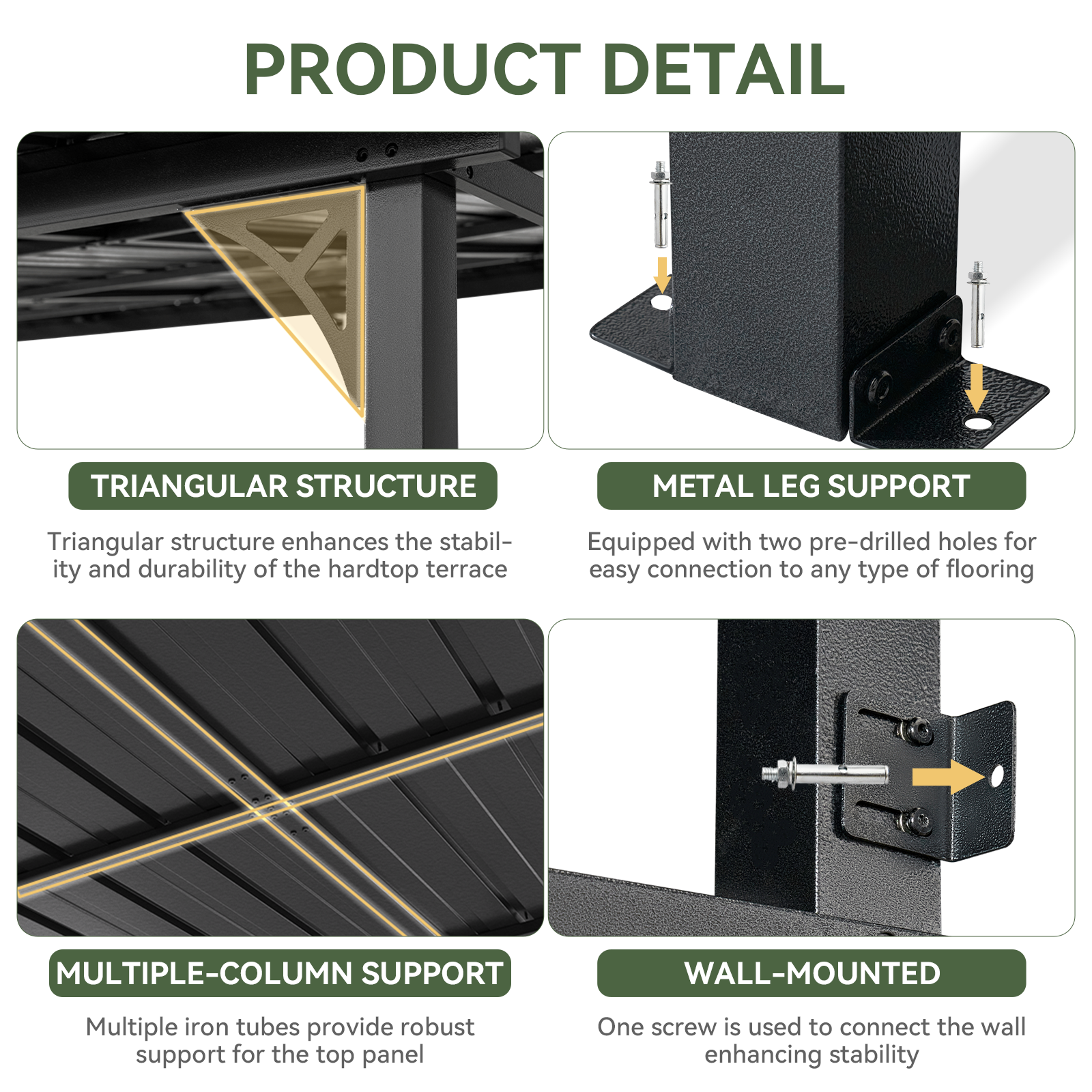 Aoxun 10' x 14' Lean to Gazebo, Upgraded Hardtop Outdoor Pergola with Sloping Galvanized Steel Roof, Large Wall-Mounted Heavy Duty Awnings for Patio, Backyard, Deck, Porch (Black)