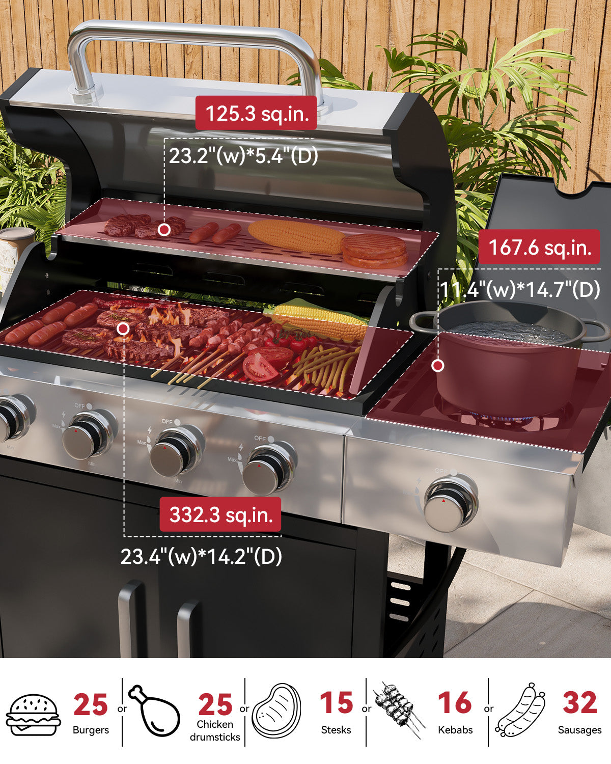 Aoxun 4-Burner Propane Gas BBQ Grill with Side Burner, 49000 BTU, Stainless Steel Outdoor Grill with Cast Iron Grates & Side Tables for Backyard, Patio, Camping