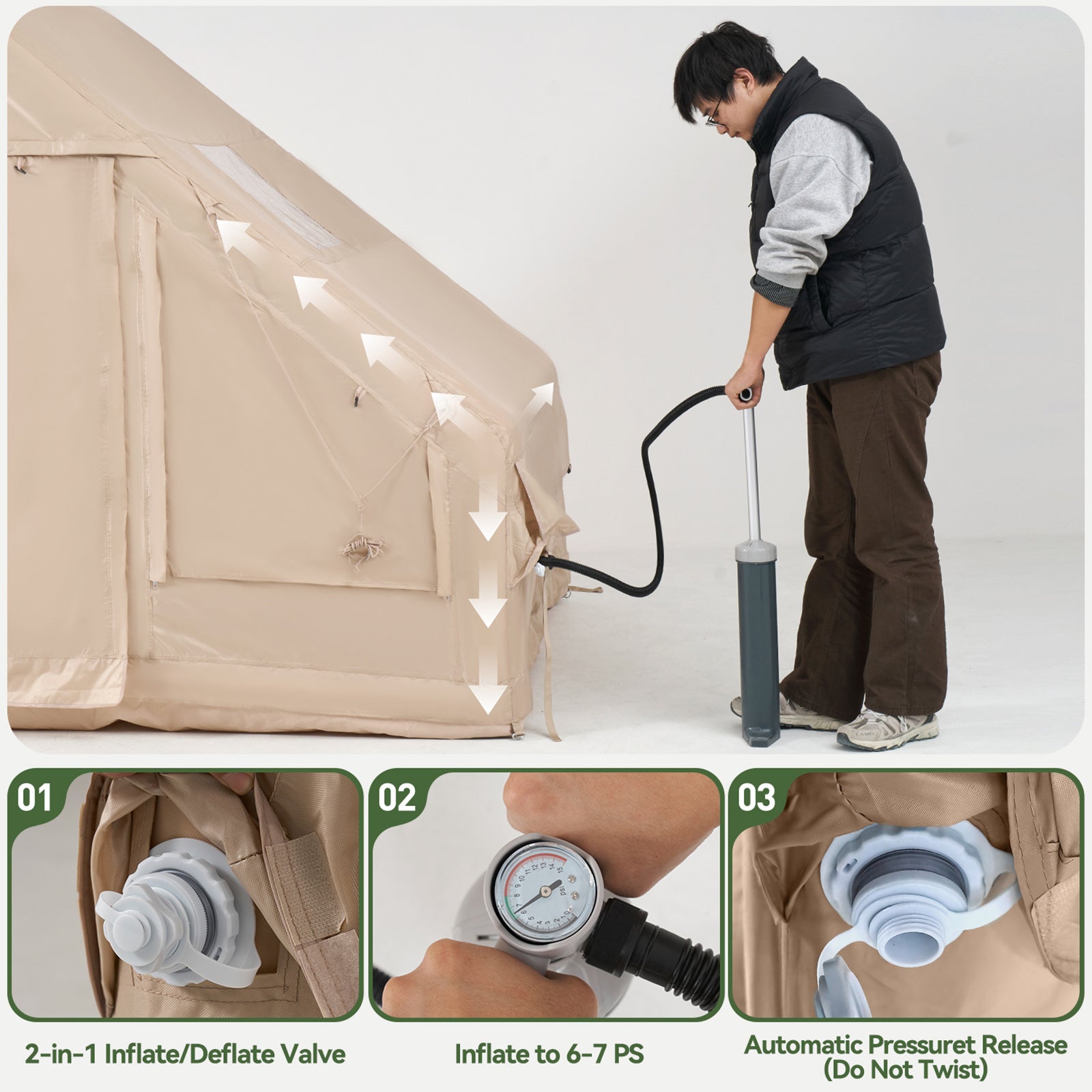 Aoxun Inflatable Camping Tent for 4-8 Person, Instant Setup Family Size Tent, Waterproof Windproof Outdoor Shelter with UV Protection, Lightweight Portable for Camping, Beach, Festivals (Beige)