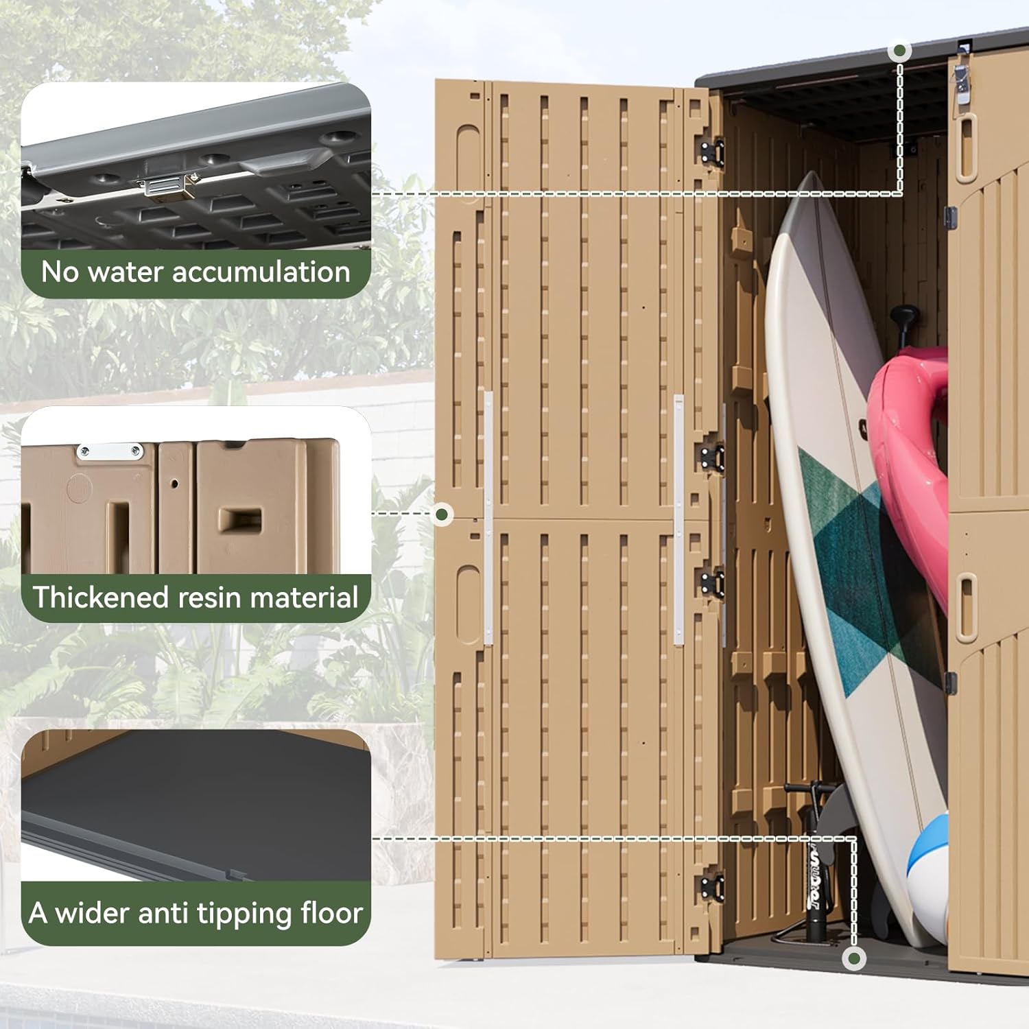 Aoxun Outdoor Storage Shed with Floor, 64 Cu.Ft Large Outdoor Storage Cabinet, Waterproof Vertical Resin Shed for Garden Tools, Pool Equipment, Brown