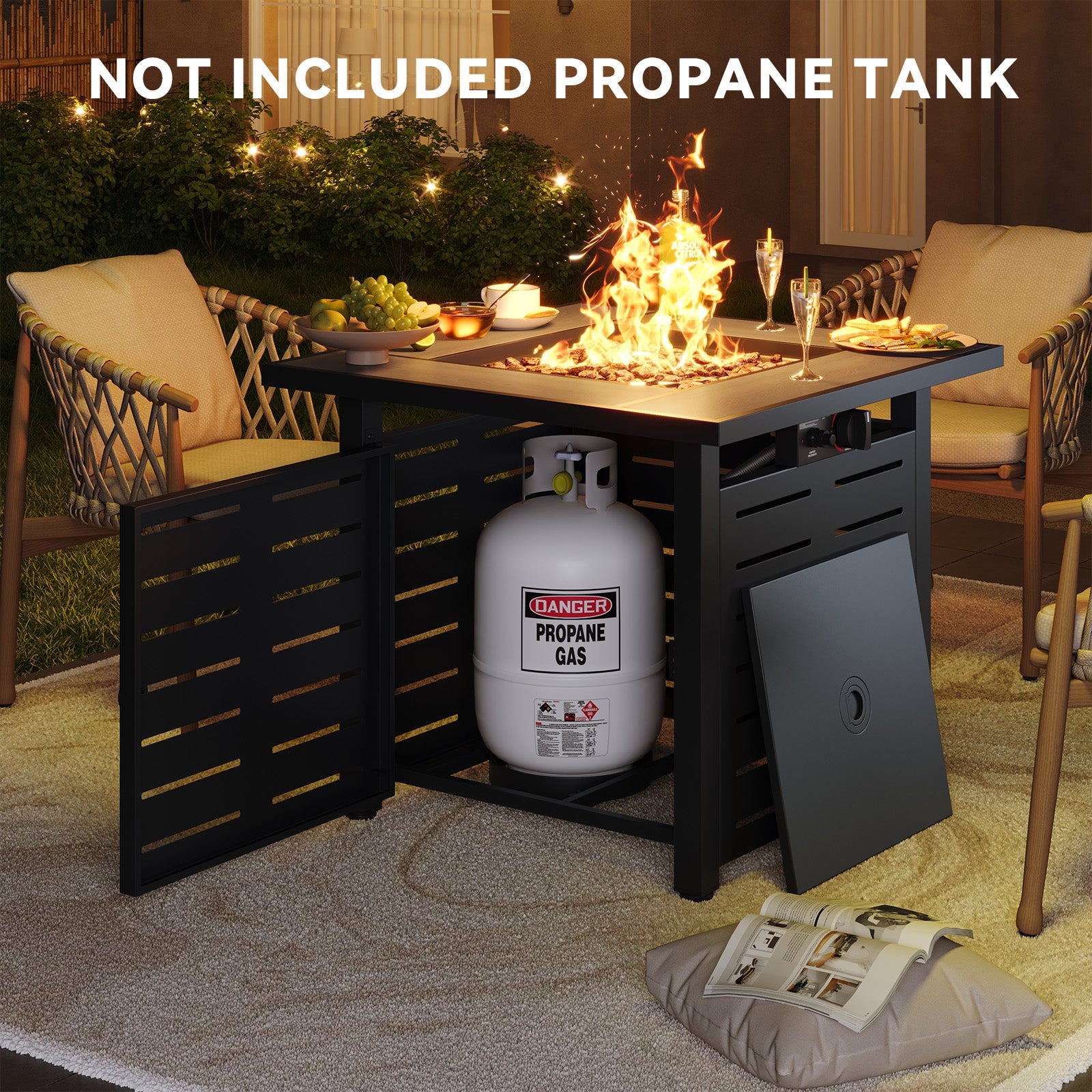 Aoxun 28" Propane Fire Pit Table, 50000 BTU Outdoor Patio Heater with Ceramic Top & Lava Rocks, Square Gas Fire Pits for Outside Patio with Removable Lid, Black