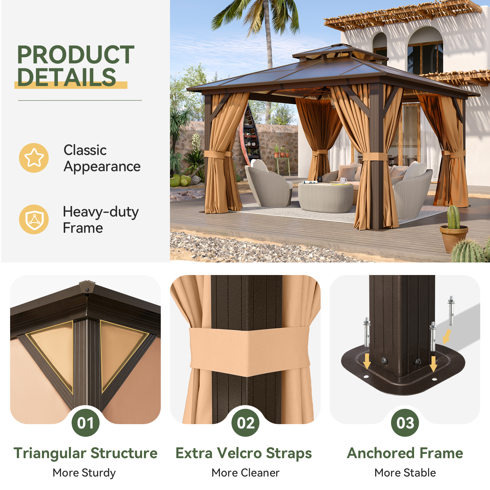 12'x12' Hardtop Gazebo, Aluminum Frame Permanent Pavilion with Curtains and Netting, Outdoor Polycarbonate Double Roof Canopy, Designed for Garden, Lawns, Patio, Gray