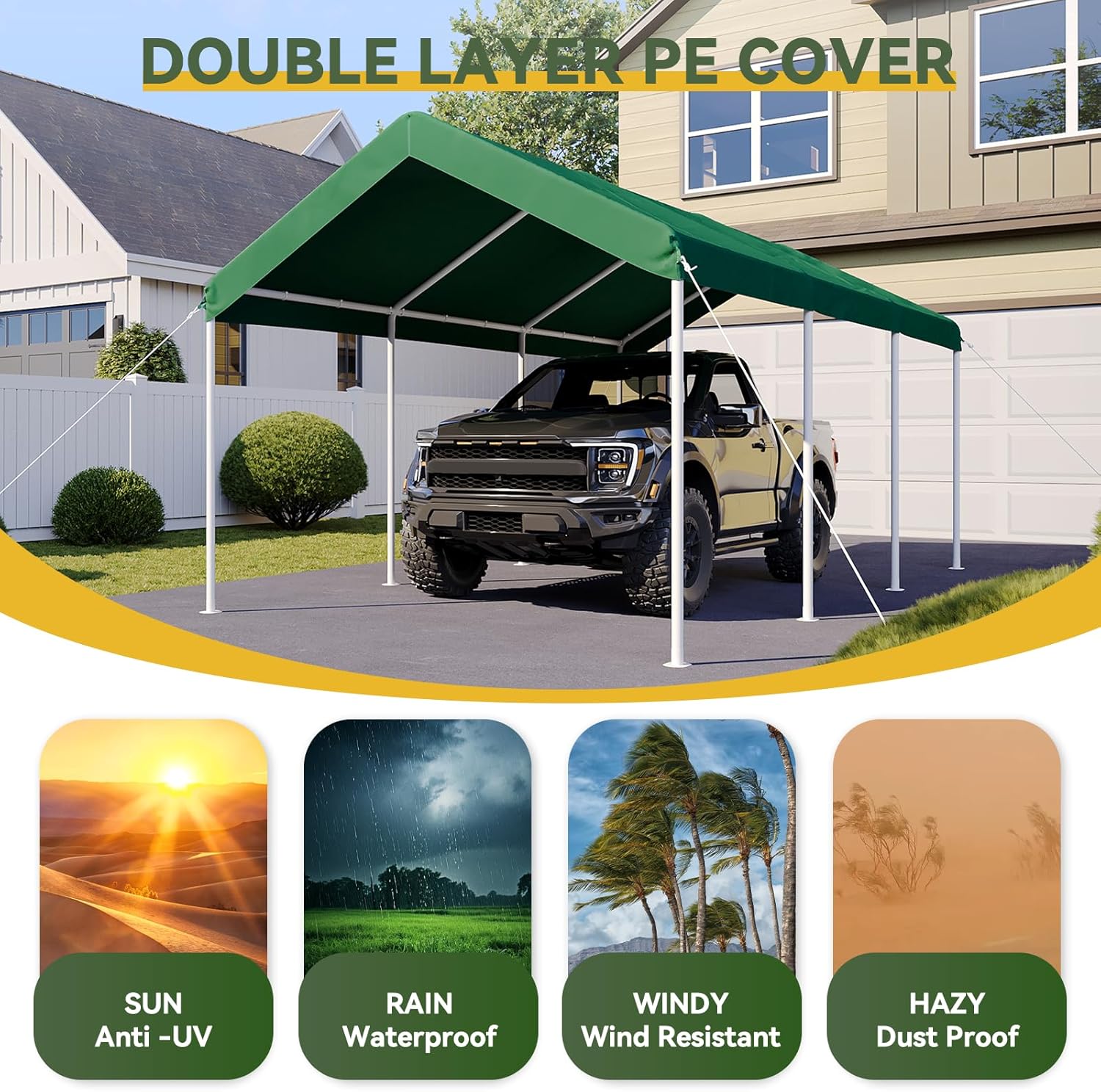 Aoxun 10x20 ft Heavy Duty Carport with Tarp & Wind Resistance Portable Carport Car Tent Outdoor Car Port with Tear Resistant Canopy, No Sidewall - Green