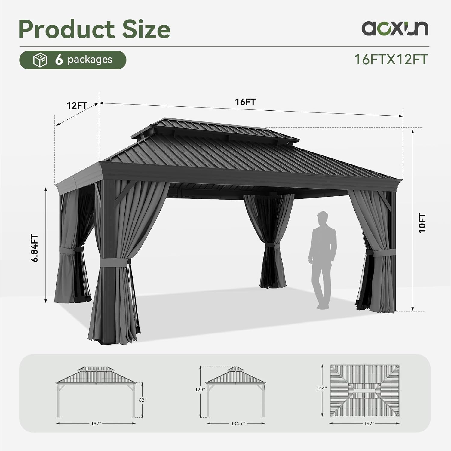 Aoxun Permanent Hardtop Aluminum Gazebo with Rain Gutter