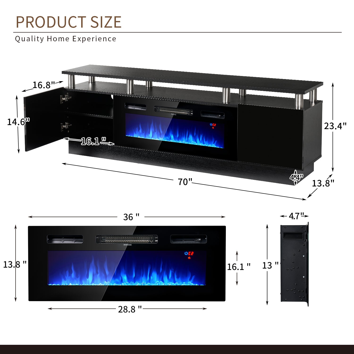 Fireplace TV Stand, Entertainment Center for TVs up to 80", 70” TV Stand with 36'' Electric Fireplace, LED Lights Entertainment Center, TV Console, Black