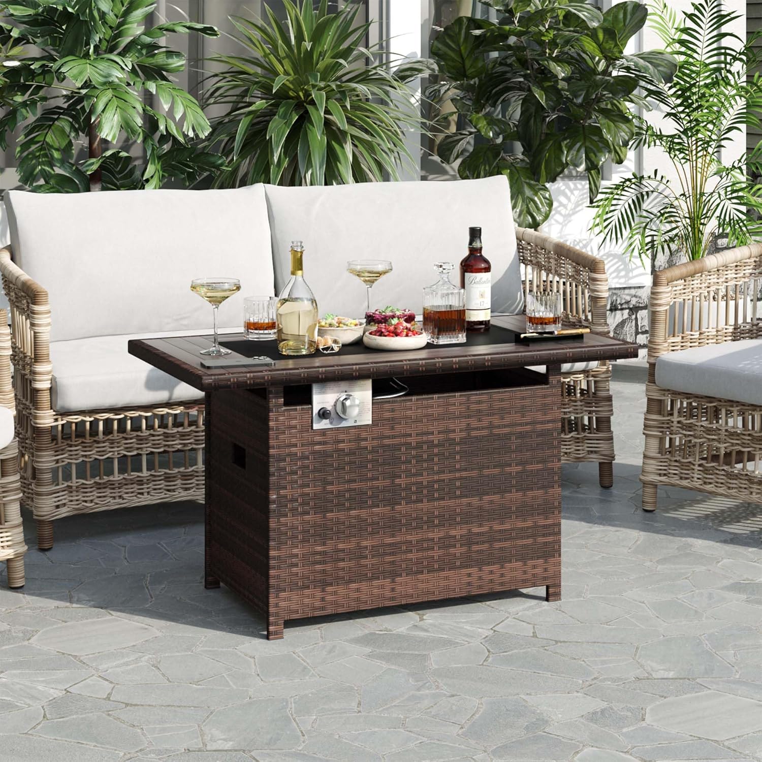 Aoxun 44" Propane Fire Pit with Storage 60,000 BTU Outdoor Wicker Fire Table CSA Certified Patio Rectangular Gas Fire Pit Table with Firepit Lid and Waterproof Cover