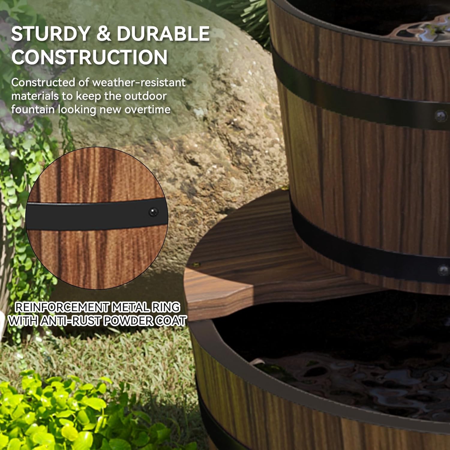 Outdoor Water Fountain, Wood Barrel Cascading with Electric Decorative Hand Pump, Rustic Waterfall Fountain for Garden, Backyard, Patio, Porch, Yard