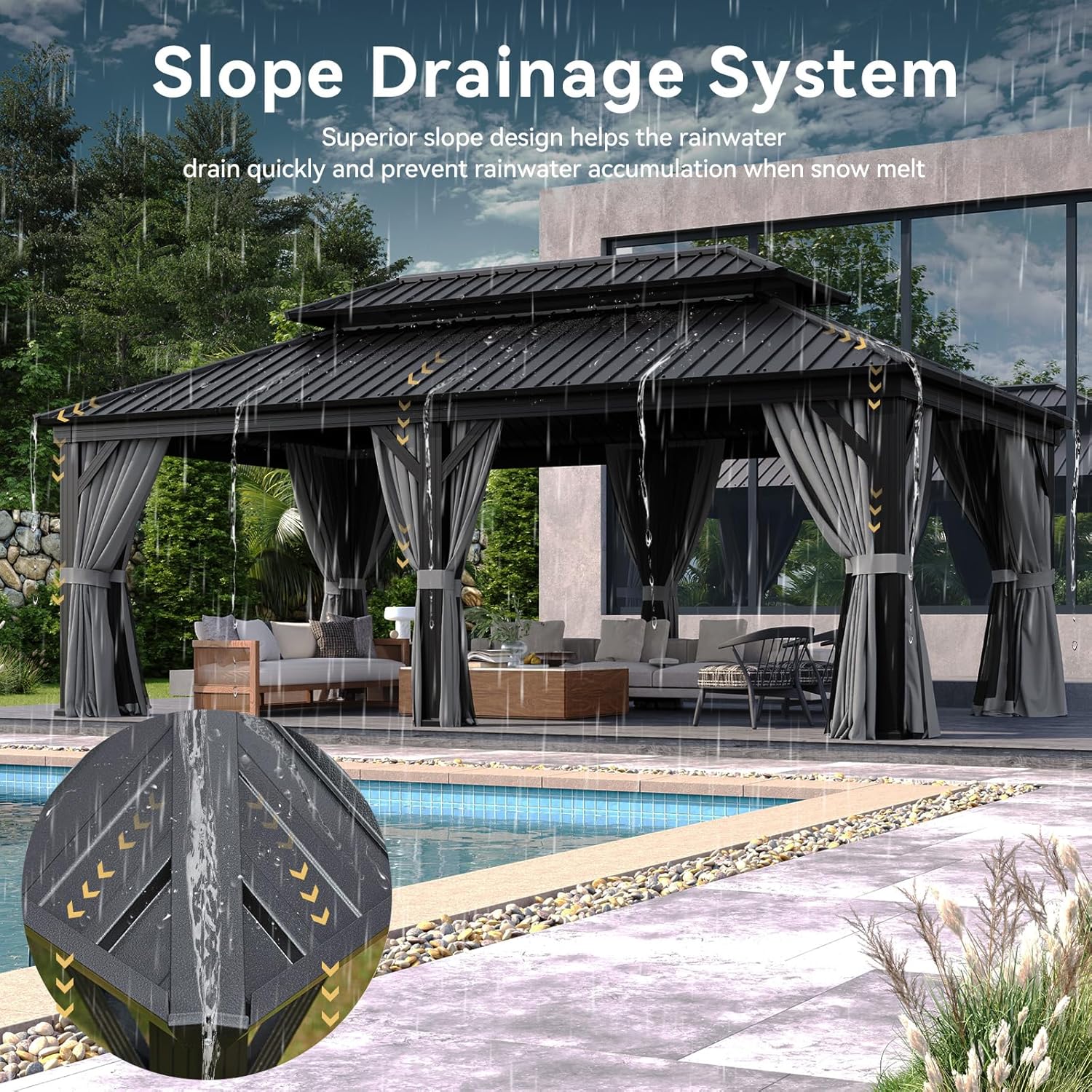 Aoxun 12' X 20' Hardtop Gazebo, Aluminum Outdoor Gazebo with Galvanized Steel Double Roof Canopy, Permanent Metal Pavilion with Privacy Curtain and Netting, for Poolside, Backyard, Square Foundation