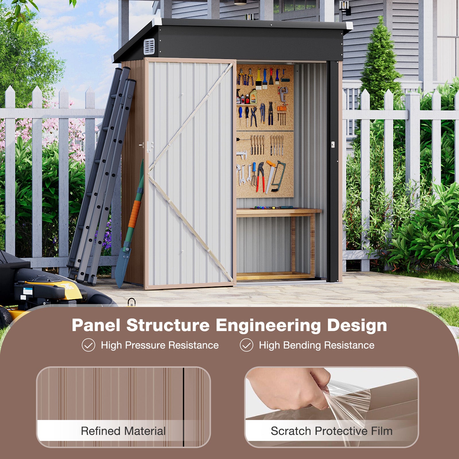 Aoxun 4.9x2.9 FT Outdoor Storage Shed - Metal Garden Shed, Waterproof Garden Tool Shed with Lockable Doors, Perfect for Backyard, Patio, Poolside (Brown)