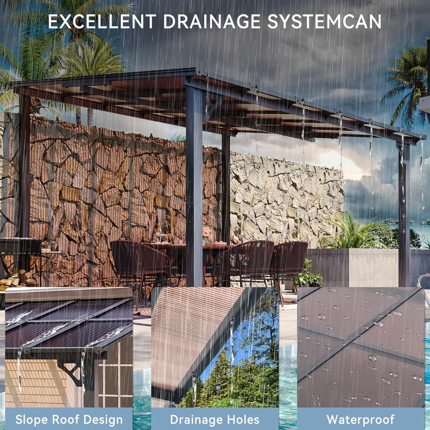 Aoxun 10' x 12' Gazebo, Premium Pergola with Sloped Roof, Aluminium Structure Large Wall-Mounted Heavy Duty Awnings, for Backyard, Patio, Deck and Lawn(Black)