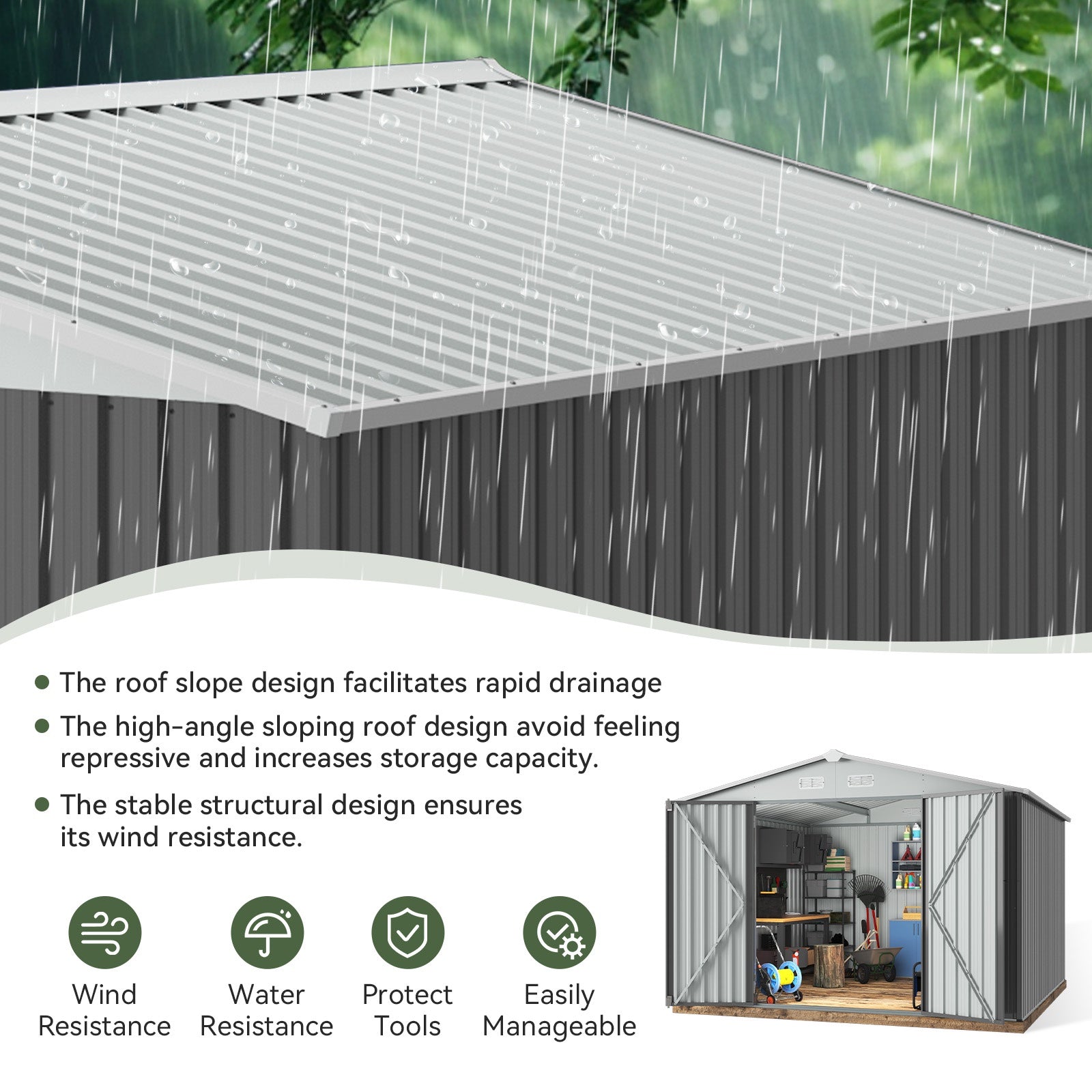 9.5 x 9.5 FT Outdoor Storage Shed, Patio Large Metal Shed with Lockable Door Waterproof Tool Shed for Paio, Lawn, Gray
