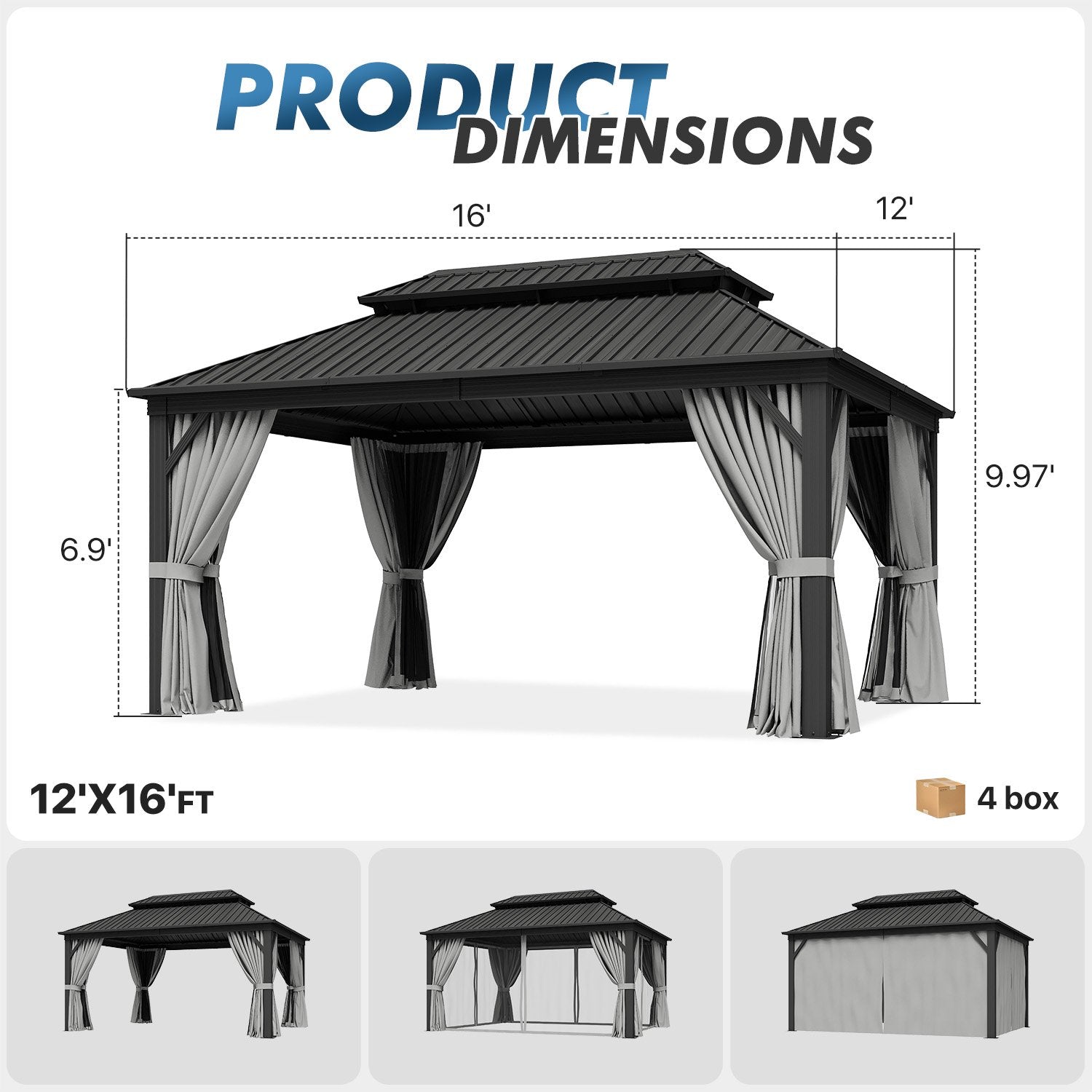 Sumnthink 12'x16' Hardtop Gazebo, Outdoor Steel Double Galvanized Roof Canopy, Aluminum Frame Permanent Pavilion Metal Gazebo with Netting and Curtains, for Patios, Gardens, Lawns