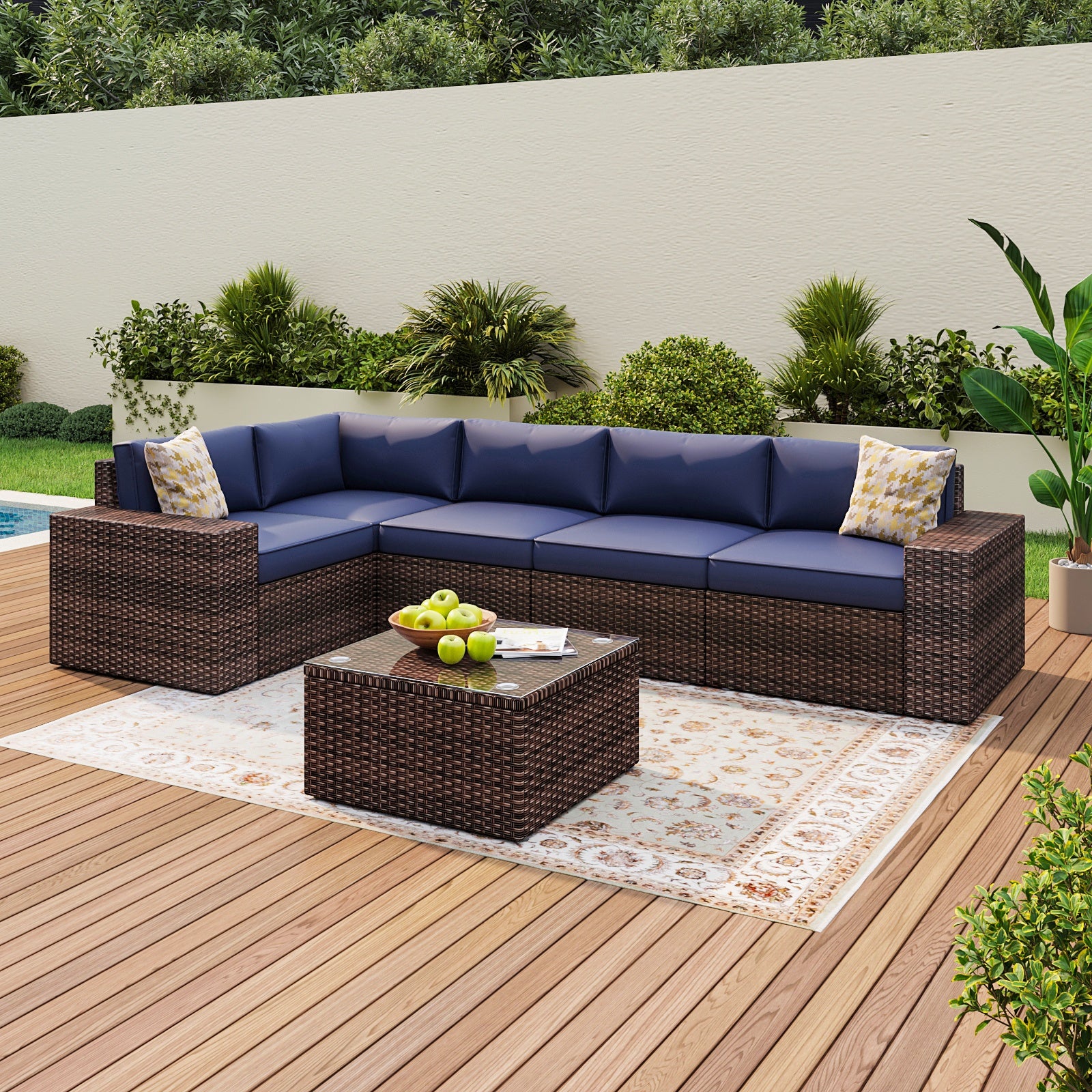 6 Pieces Outdoor Patio Furniture Sets, PE Rattan Wicker Sectional Sofa with Coffee Table for Lawn, Backyard,Balcony, Blue