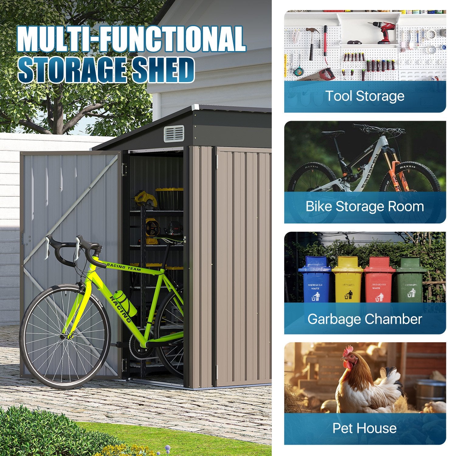 8' x 6' Metal Storage Shed with Triple Doors, Lockable Lean-to Design & Vents, Brown