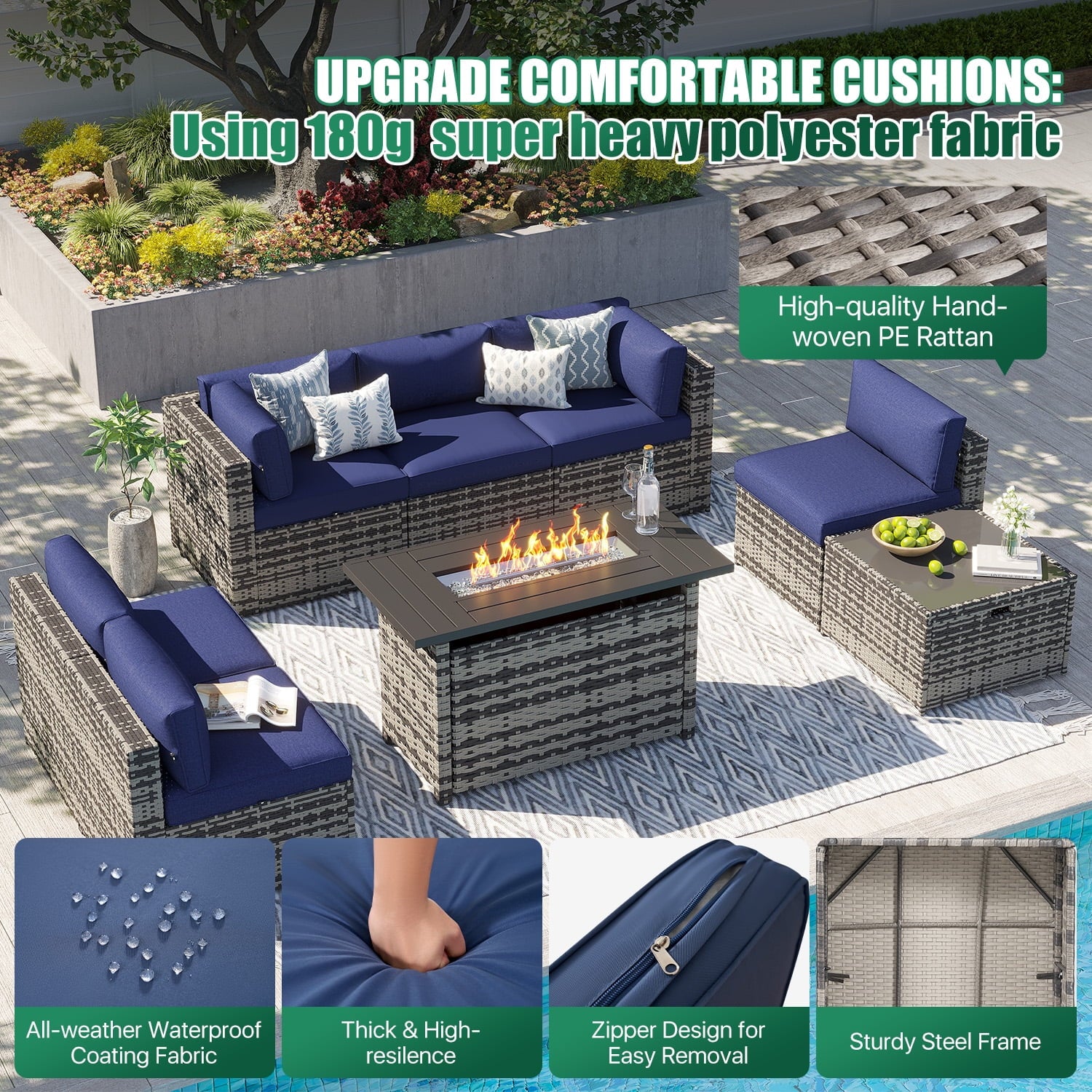 Clouddwell 8 Piece Patio Furniture Set with 44” Fire Pit Table Wicker Rattan Patio Conversation Set Outdoor Sectional Sofa Set with Coffee Table and Blue Cushions(Waterproof Cover Included)