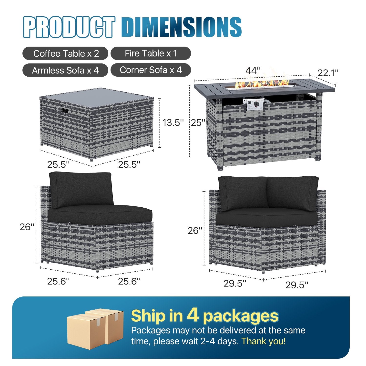 Sunmthink Patio Furniture Sets, 11-Piece Outdoor Patio Furniture with 44'' Propane Gas Firepit Table, Wicker Outdoor Conversation Set and Waterproof Cover for Backyard, Poolside, Garden