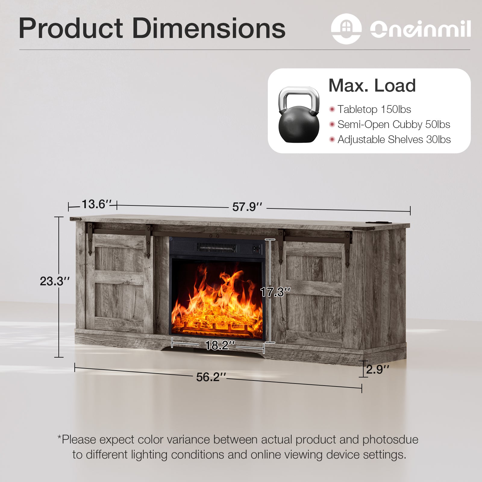 Fireplace TV Stand with 18” Electric Fireplace, Farmhouse 58” TV Console Stand for TVs Up to 65", Entertainment Center for The Living Room TV Stand, Gray