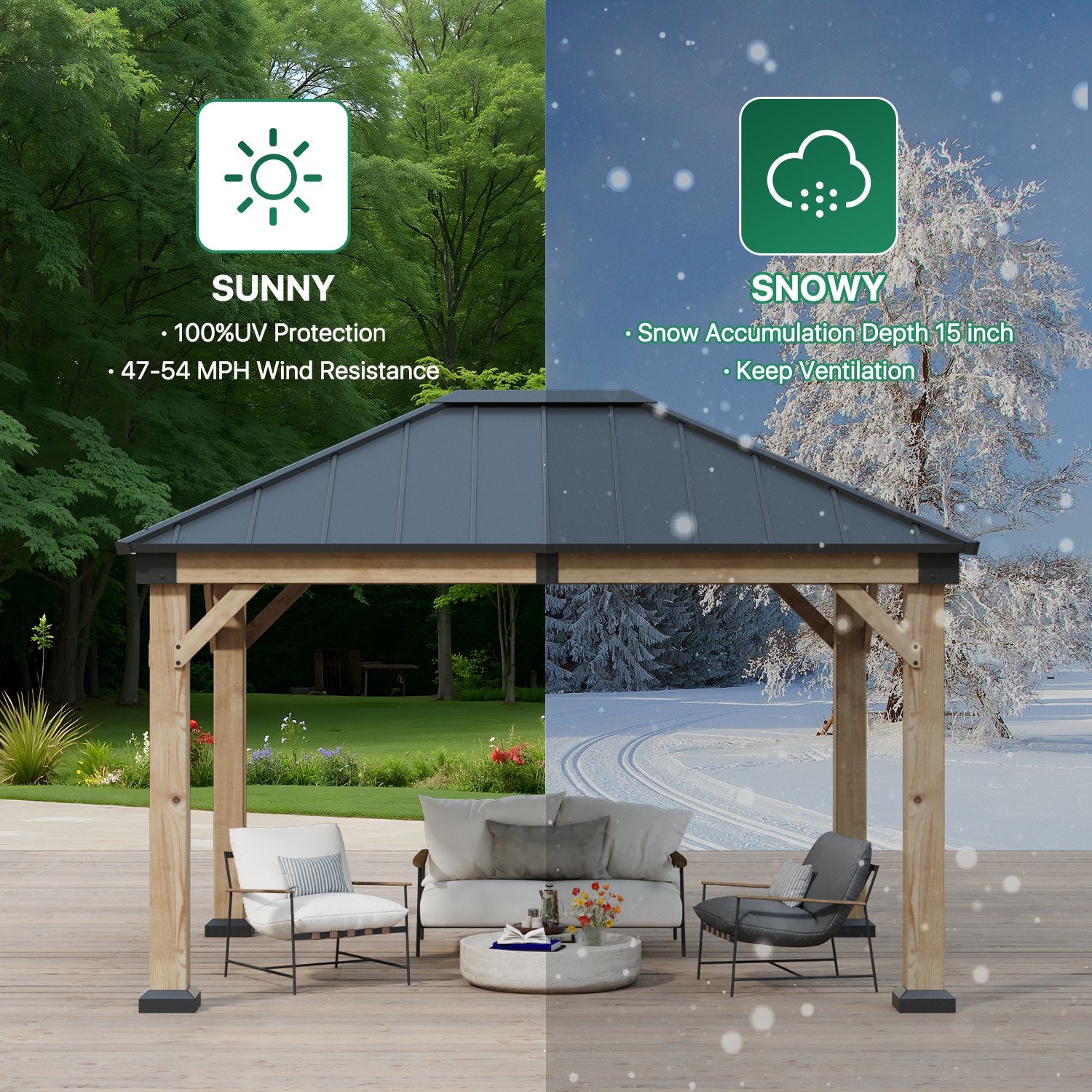 Clouddwell 12*10FT Hardtop Gazebo,Wooden Patio Gazebo with Single-Layer Galvanized Steel Roof,Suitable for Backyards,Patios and Decks.