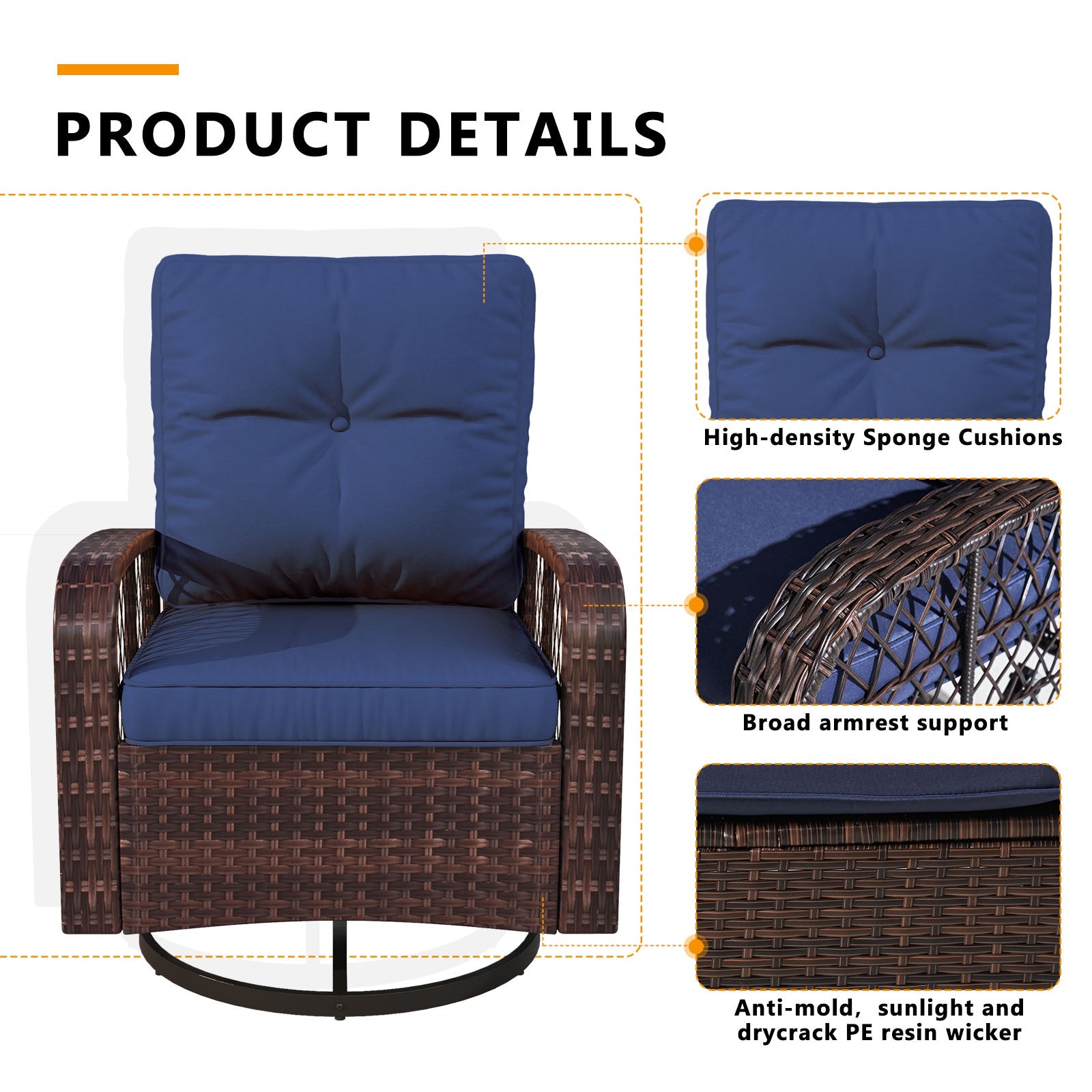 3 Pcs Patio Furniture Set, 360 Degree Swivel Rocking Chairs, Wicker Bistro Set with Glass Top Side Table, Beige