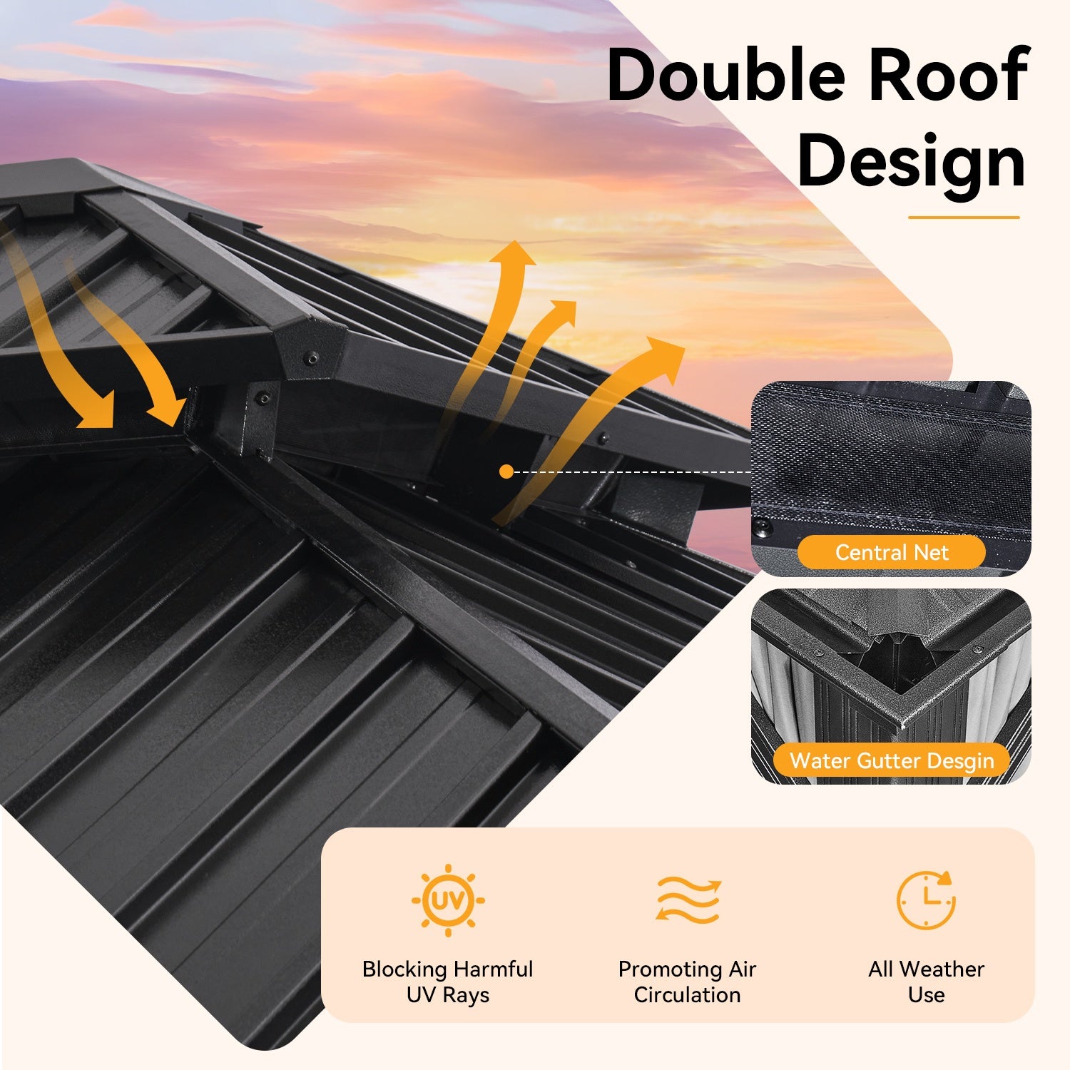 12' x 16' Hardtop Gazebo, Outdoor 2-Tier Galvanized Roof Canopy, Aluminum Frame Permanent Pavilion with with Netting and Curtains for Garden, Patio, Lawns, Gray