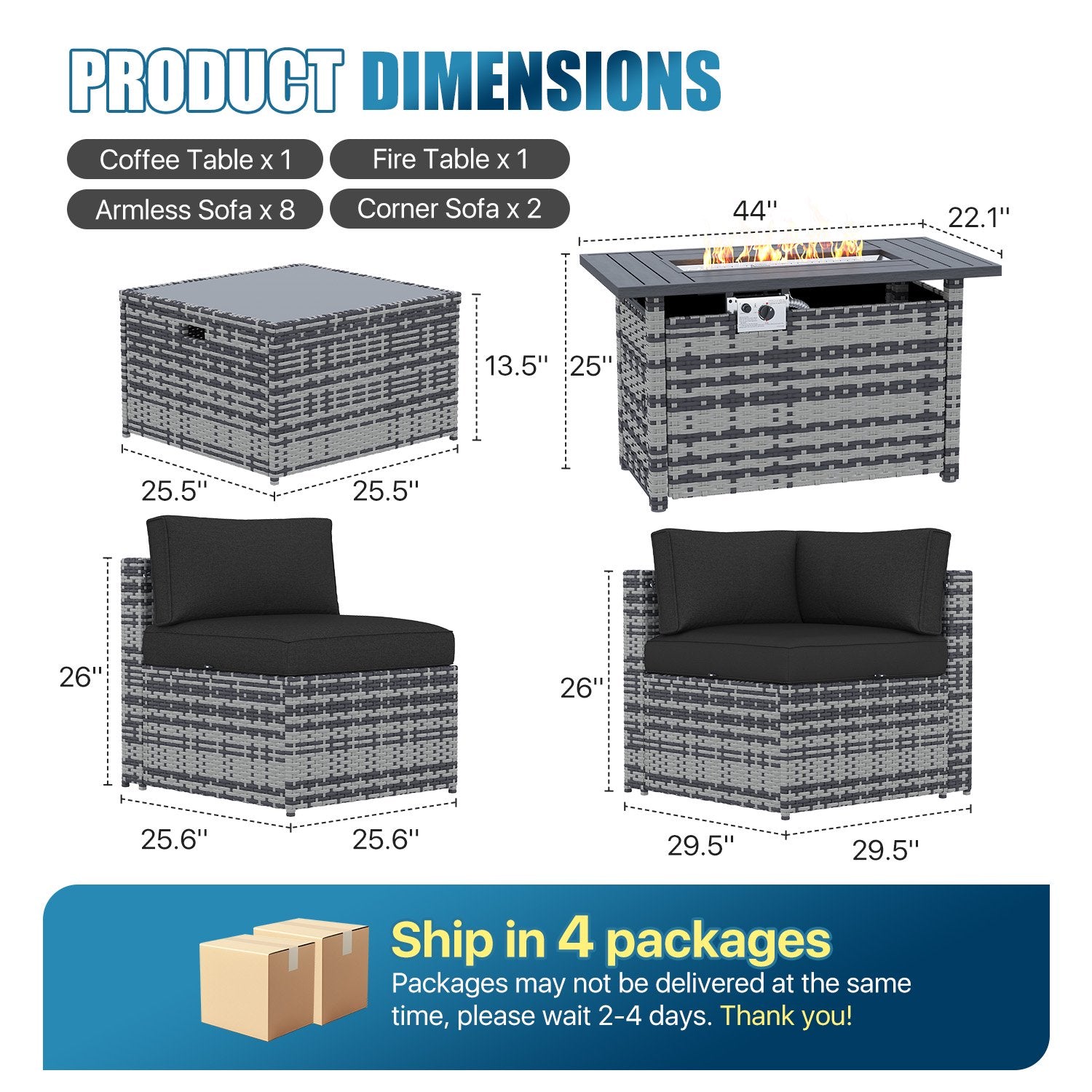 Sunmthink Patio Furniture Sets, 12-Piece Outdoor Patio Furniture with 44'' Propane Gas Firepit Table, Wicker Outdoor Conversation Set and Waterproof Cover for Backyard, Poolside, Garden