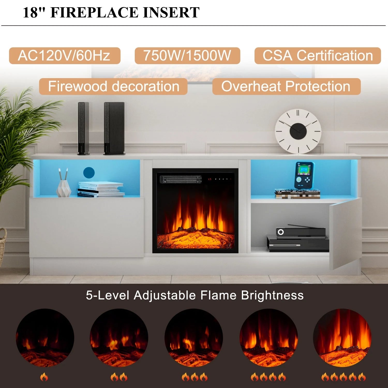 TV Stand with Fireplace for TVs up to 75", TV Stand for Living Room, White