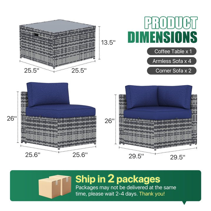 Clouddwell 7 Piece Patio Furniture Set Wicker Rattan Patio Conversation Set Outdoor Sectional Sofa Set with Coffee Table and Blue Cushions(Waterproof Cover Included)