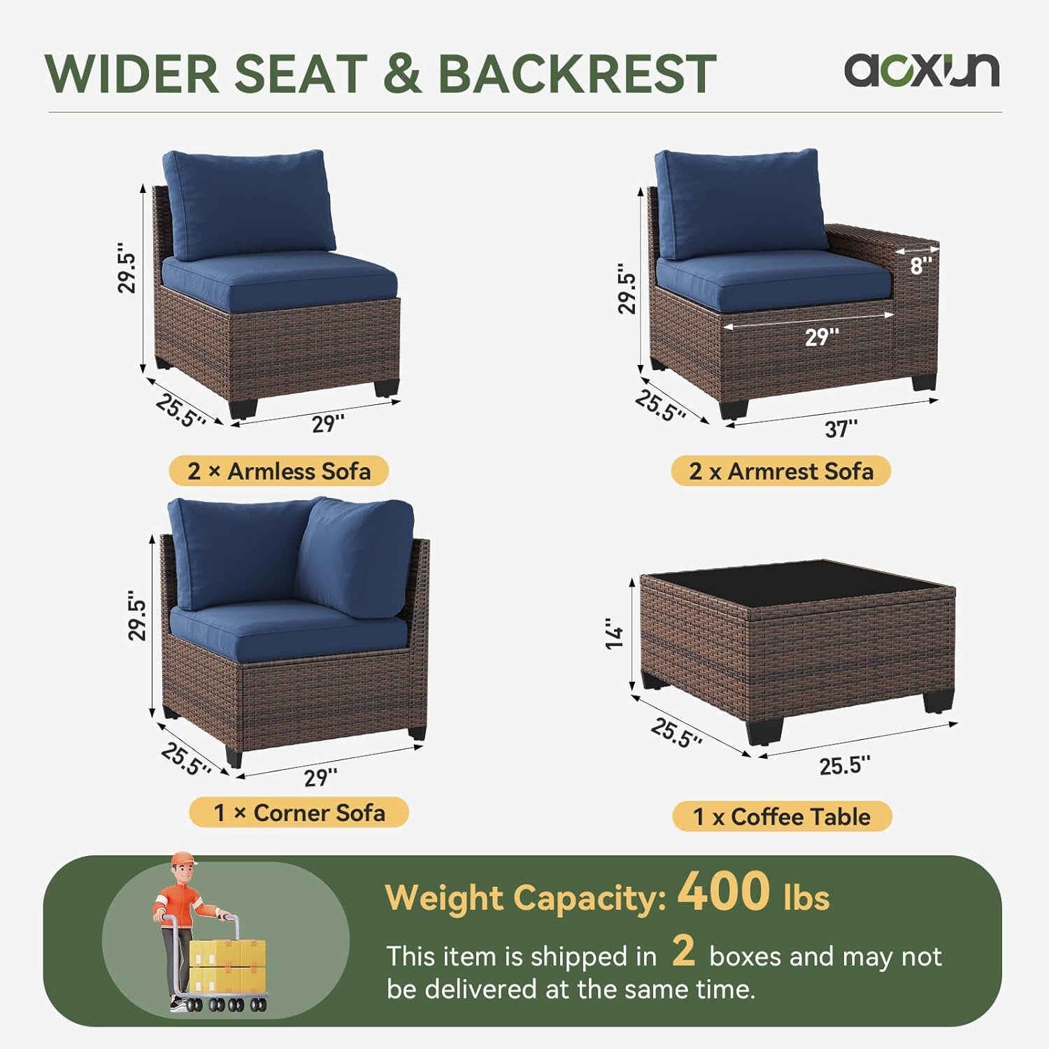 Aoxun Patio Furniture Set, 6 Pcs Outdoor Patio Furniture Sets with 4in Thicken Cushion, Widen Armrests Wicker Outdoor Sectional for Backyard (Waterproof Cover Include)