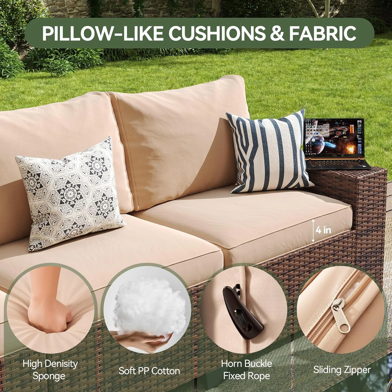 Aoxun Patio Furniture Set, 6 Pcs Outdoor Patio Furniture Sets with 4in Thicken Cushion, Widen Armrests Wicker Outdoor Sectional for Backyard (Waterproof Cover Include)