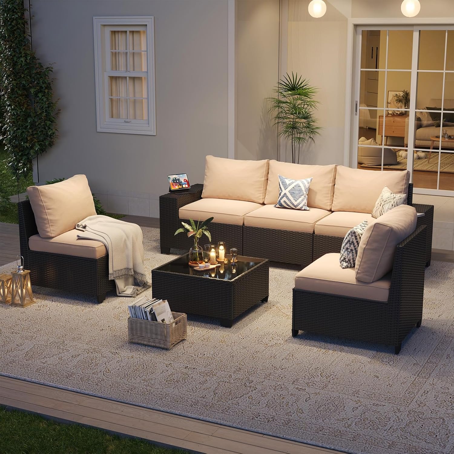 Aoxun Patio Furniture Set, 6 Pcs Outdoor Patio Furniture Sets with 4in Thicken Cushion, Widen Armrests Wicker Outdoor Sectional for Backyard (Waterproof Cover Include)