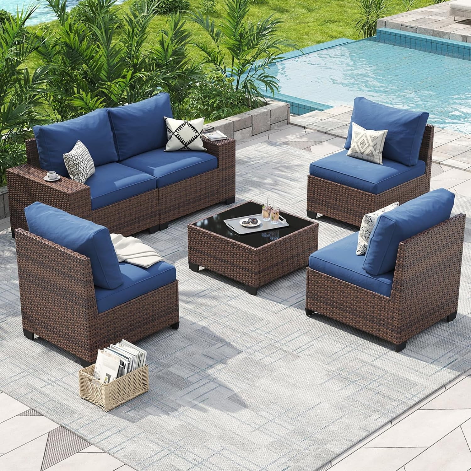 Aoxun Patio Furniture Set, 6 Pcs Outdoor Patio Furniture Sets with 4in Thicken Cushion, Widen Armrests Wicker Outdoor Sectional for Backyard (Waterproof Cover Include)