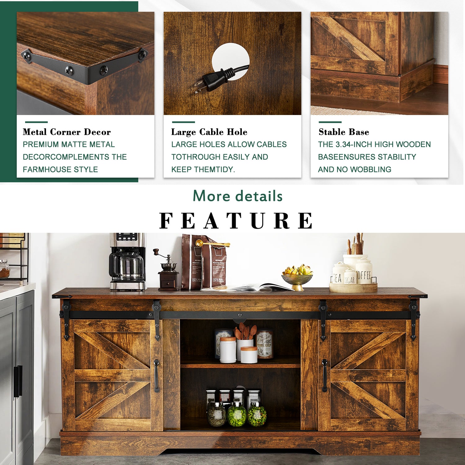 58" Farmhouse TV Stand for TVs up to 65", Sliding Track Doors and Thickened Base, Brown