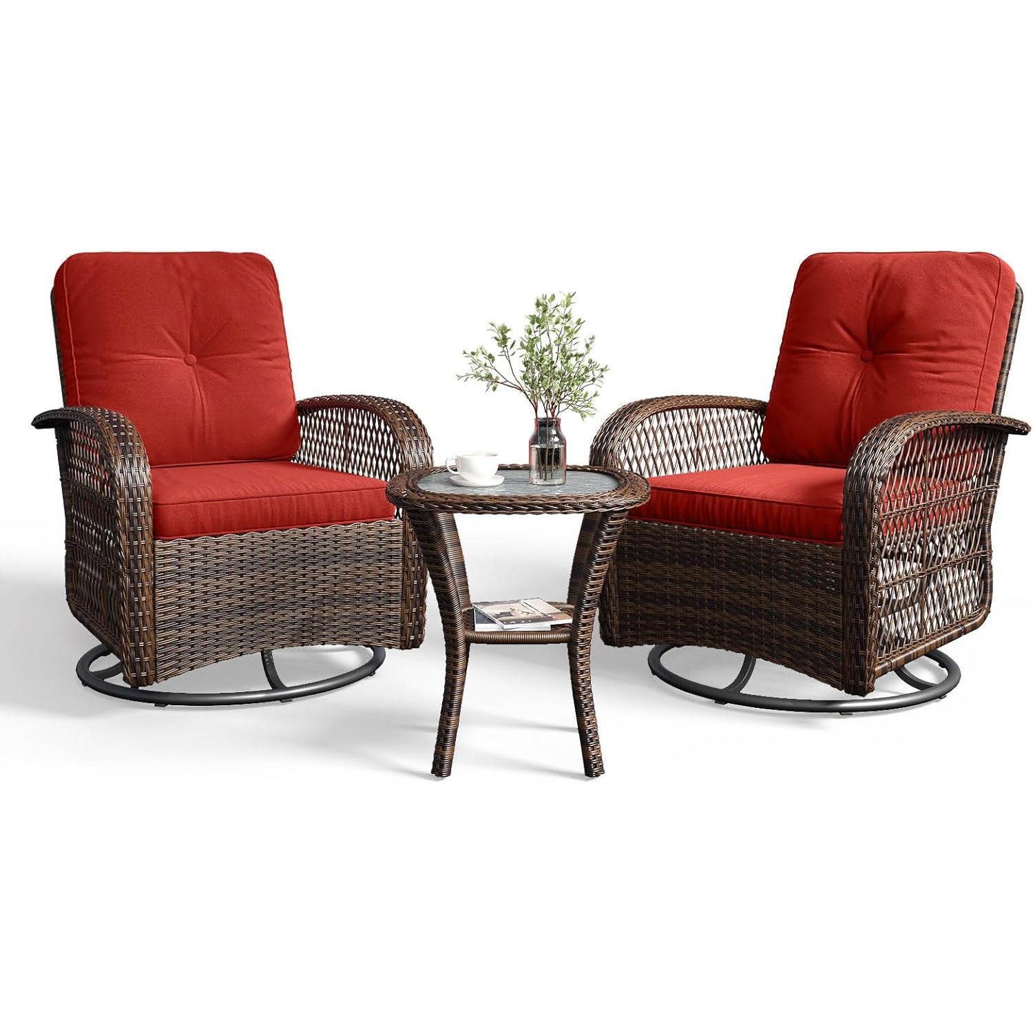 3 pcs Swivel Rocking Chairs & Tempered Glass Table Set
