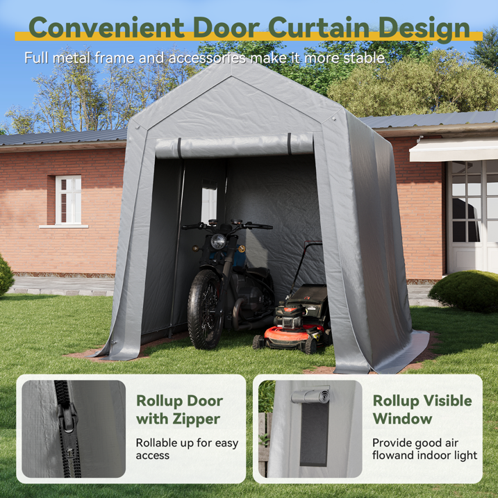 Aoxun 6x8 FT Outdoor Storage Shed, Portable Garage with Roll-Up Door & Window, Waterproof Tarp & Galvanized Steel Frame for Lawn Equipment, Bike, Motorcycle, Trunk Cover, Gray