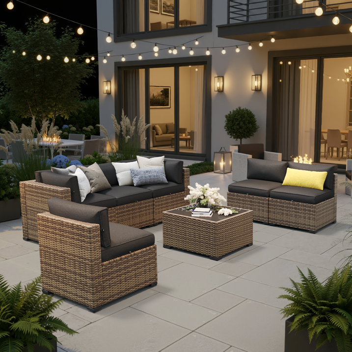 Aoxun 7 Piece Patio Furniture Set Wicker Rattan Patio Conversation Set Outdoor Sectional Sofa Set with Coffee Table and 4” Thickened Cushions, Black(Waterproof Cover Included)