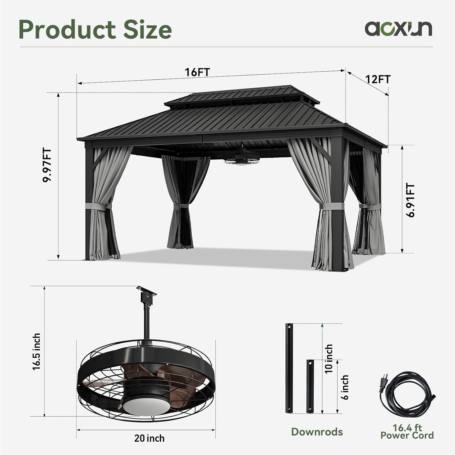 Classic Hardtop Gazebo with 20 inch Ceiling Fans and Lights