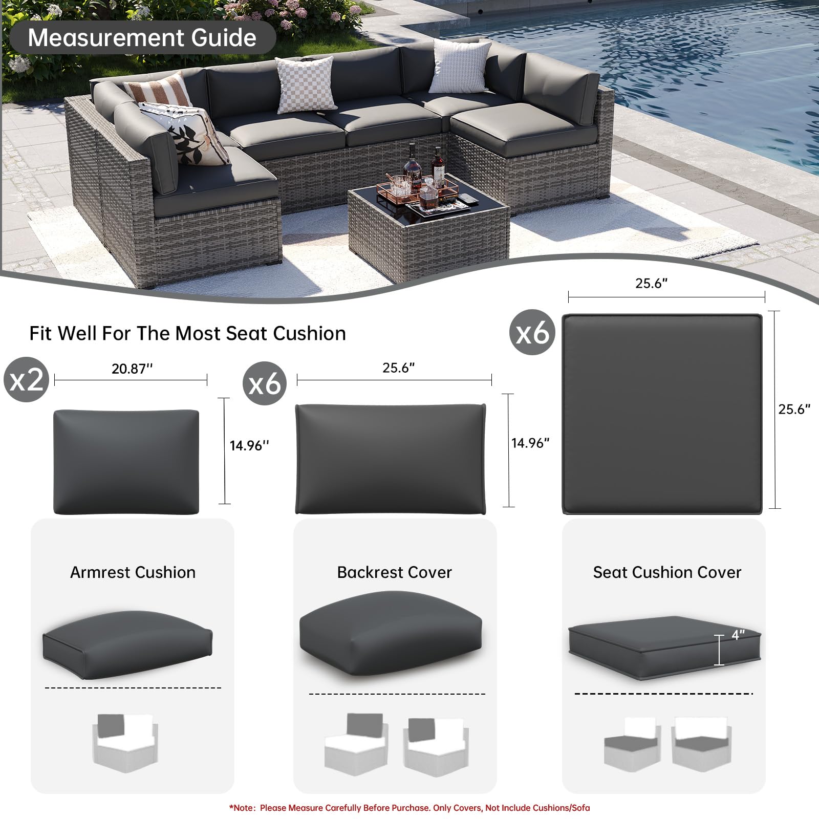 Aoxun 14pcs Patio Cushion Covers Replacement, Waterproof Outdoor Furniture Cushion Covers with Zipper and Non-Slip Bottom, Patio Sofa Couch 3 Sizes for Patio Sectional, Covers Only (Grey)