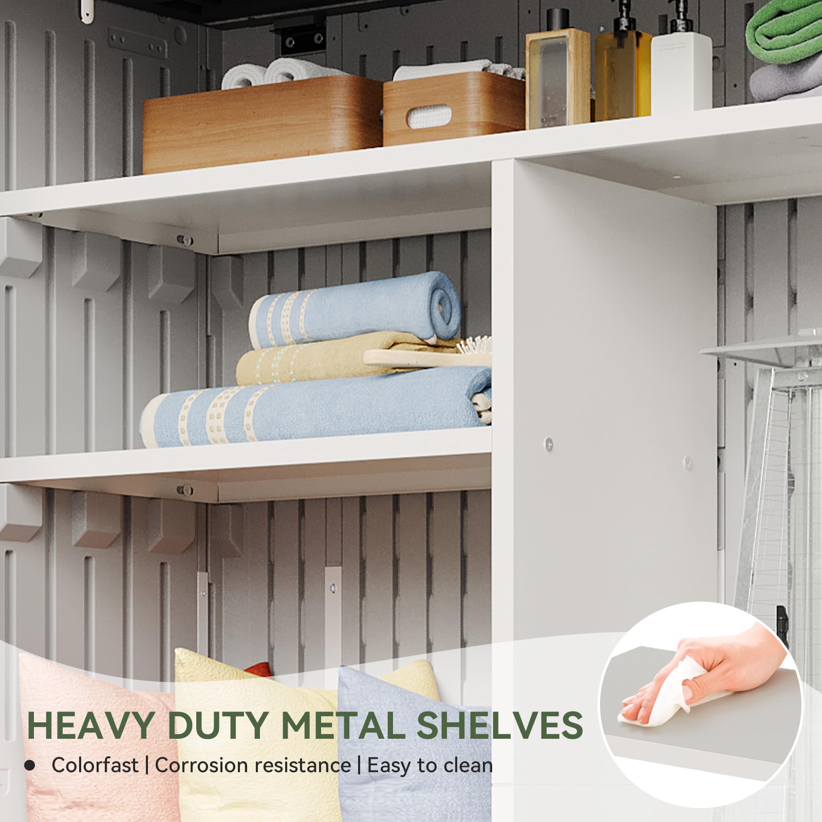 Outdoor Resin Storage Shed with Metal Shelving Kit & Floor, 64 Cu.Ft Vertical Waterproof Storage Cabinet for Garage Storage, Pool Storage, Bike Shed, Garden Tools, Patio Furniture (White)